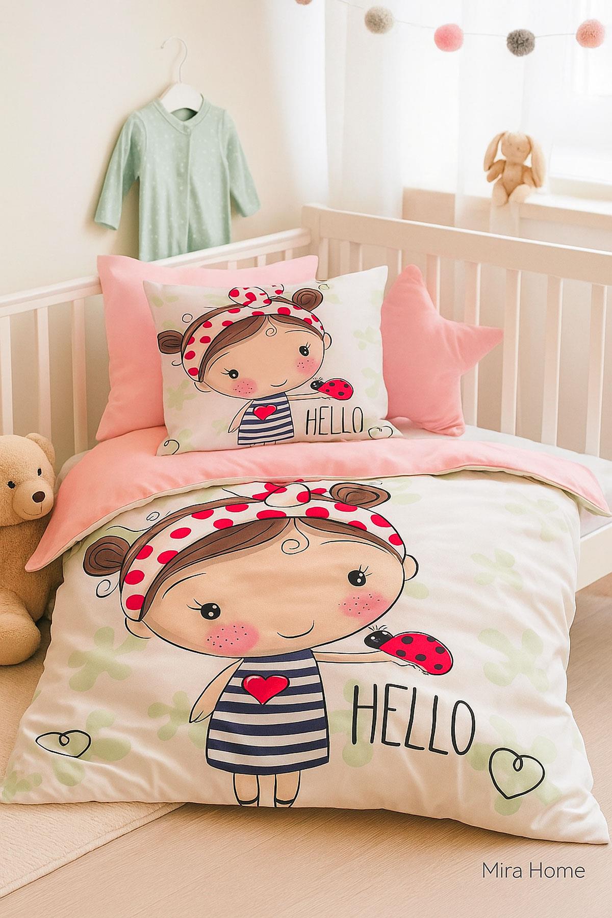 Dijital Baskılı 3d Pamuklu Yenidoğan Bebek Nevresim Takımı Hello Girl