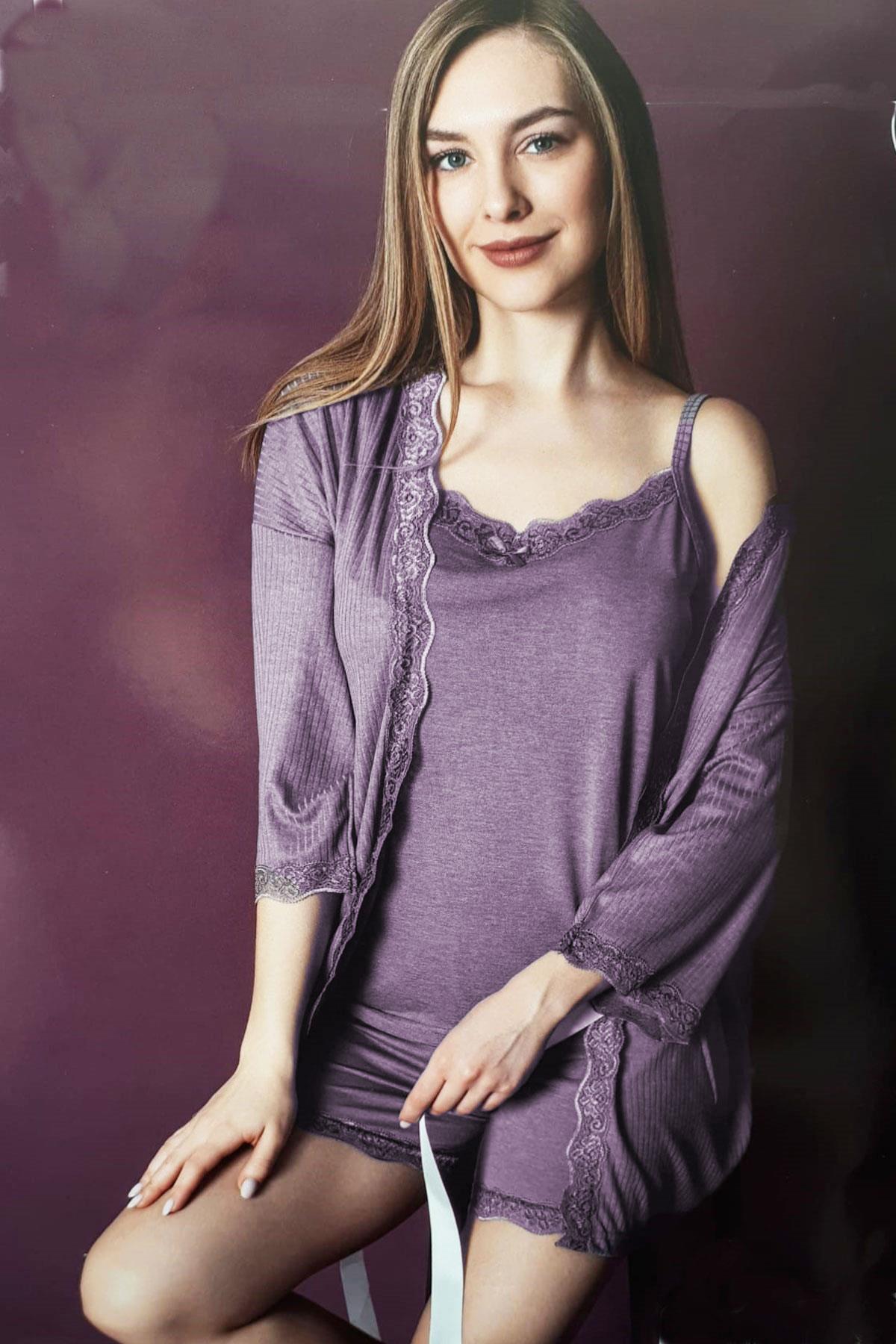 Kadın 3lü Bambu İp Askılı Şortlu Sabahlıklı Pijama Takımı Dantel