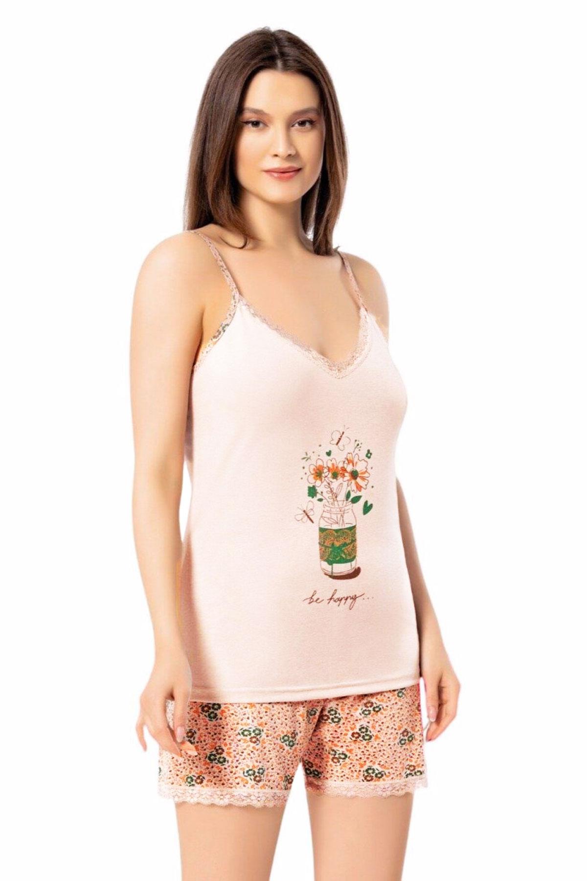 Kadın İp Askılı Şortlu Pijama Takımı Pamuklu Pembe 7000-30