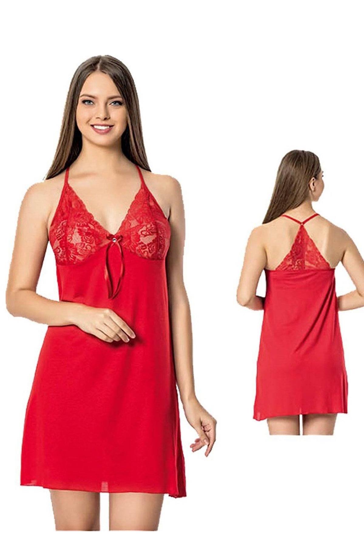 Kadın V Yaka Dantel Detaylı Gecelik Çapraz Sırt 2 Parça Estetik 