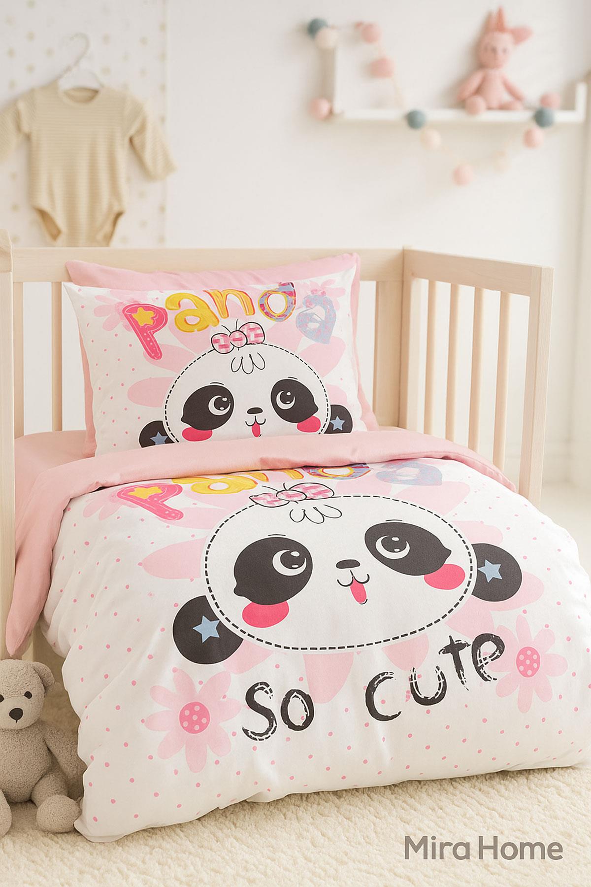 Yenidoğan Kız Bebek Nevresim Takımı 3D Pamuklu Panda So Cute