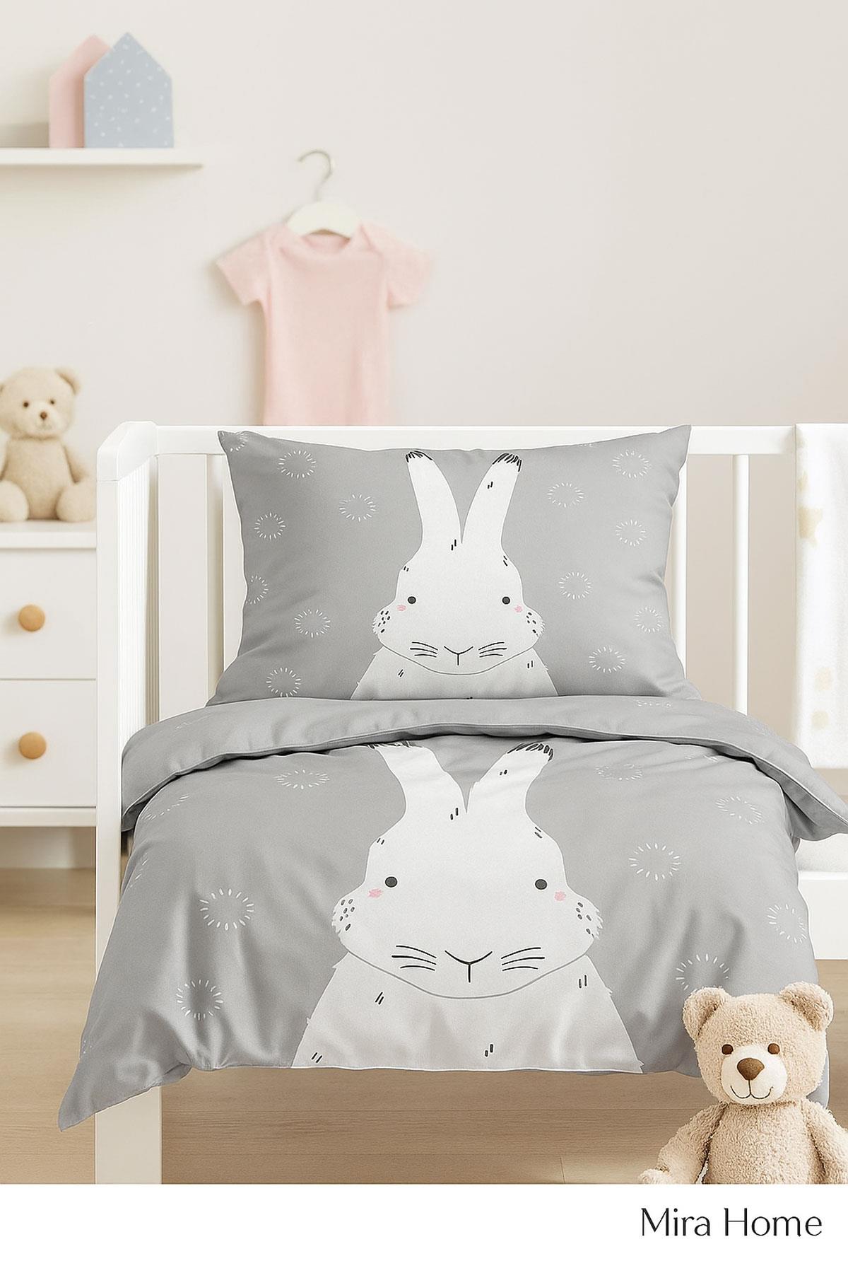 Yenidoğan Kız / Erkek Unisex Bebek Nevresim Takımı 3D Pamuklu Gri Tavşan