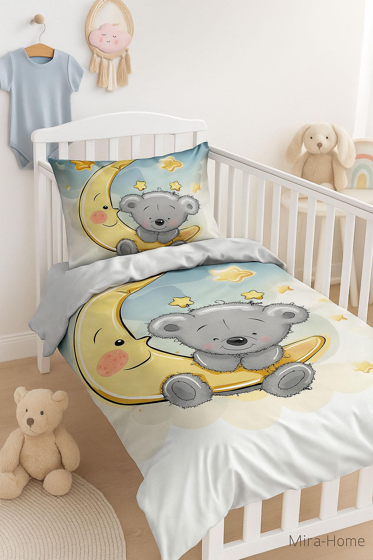 Yenidoğan Kız / Erkek Unisex Bebek Nevresim Takımı 3D Pamuklu Aydaki Ayıcık
