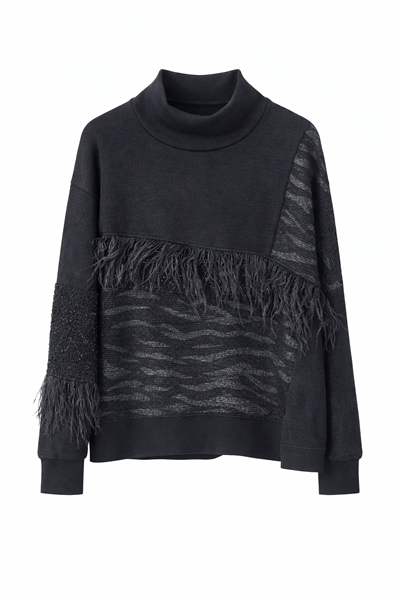 TEXTURED FRINGE HIGH-NECK SWEAT – SİYAH