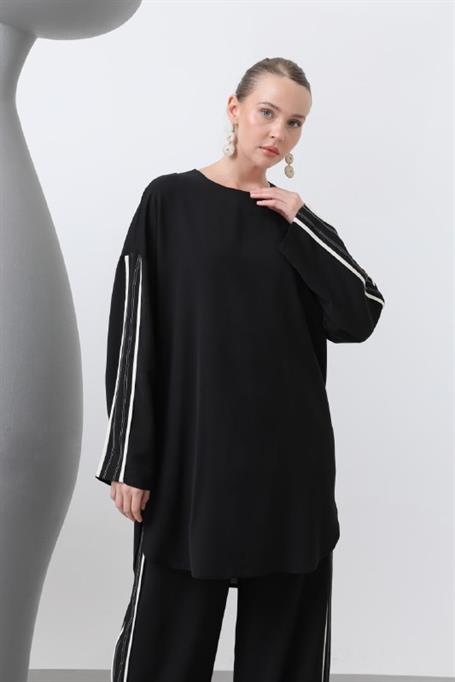 ODRESS_Pantolon Takım_Kadın Biye Detaylı Pantolonlu Takım 14318 Odress SİYAH