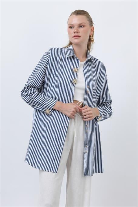 ODRESS_Gömlek_Kadın Broş Ve Vatka Detay Uzun Gömlek 10695 Odress NAVY- ECRU