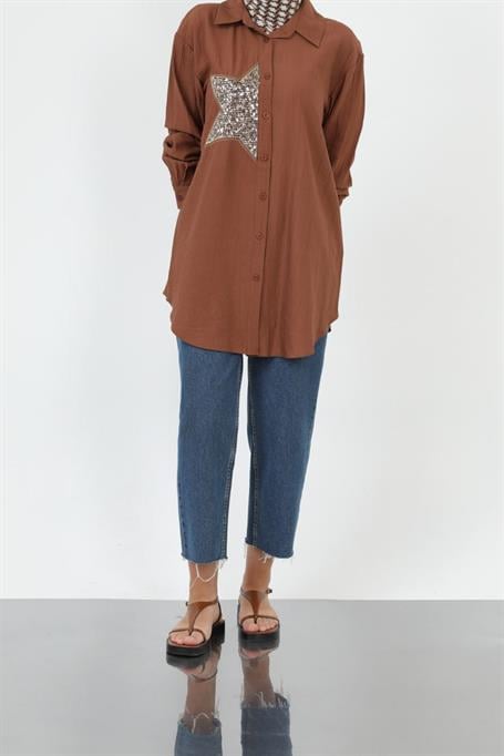 ODRESS_Gömlek_Kadın Çilek Kumaş Pulpayet Yıldız Detay Gömlek 10699 Odress BROWN