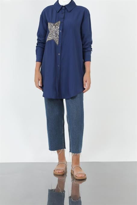 ODRESS_Gömlek_Kadın Çilek Kumaş Pulpayet Yıldız Detay Gömlek 10699 Odress İNDİGO
