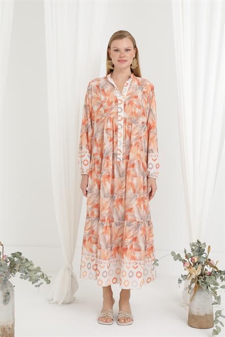 ODRESS_Uzun Elbise_Kadın Desenli Robadan Elbise 32363 Odress ORANGE
