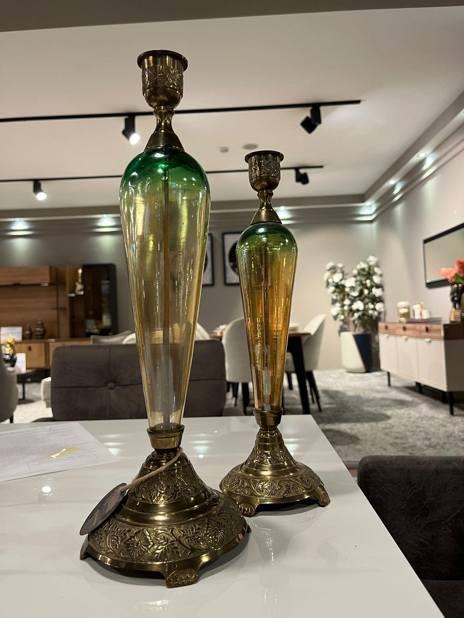 Crearthome 2'li Gold-Yeşil Cam Üflemeli  Şamdan 40-35CM