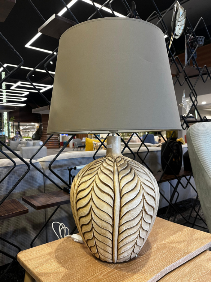 Crearthome Yaprak Desenli Gri Şapkalı Dekoratif Abajur 45x72CM