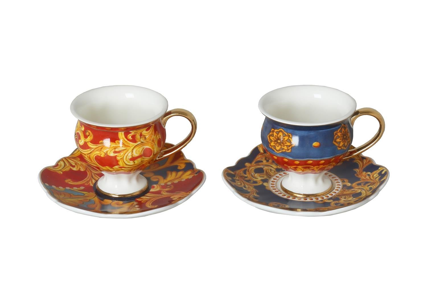 Lucky Art Florance Bone China Porselen Mavi Kırmızı Desenli Ayaklı 2 li Kahve Fincanı Seti LYHD 614