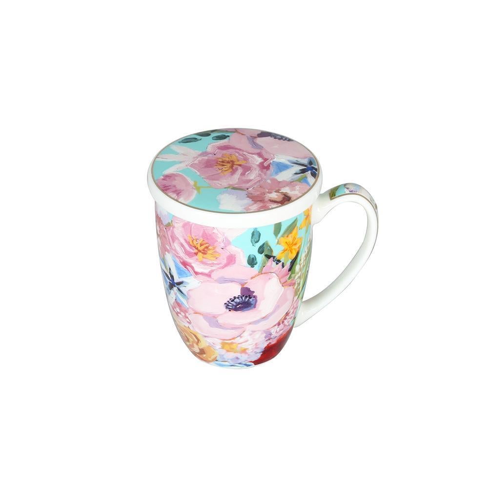 Lucky Art Peony Desenli Bone China Porselen Kapaklı ve Süzegçli Kupa 570 ml
