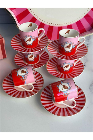 Royking Türk Kahve Fincanı Bird Red&Pink 6 Kişilik 12 Parça Lfd 004
