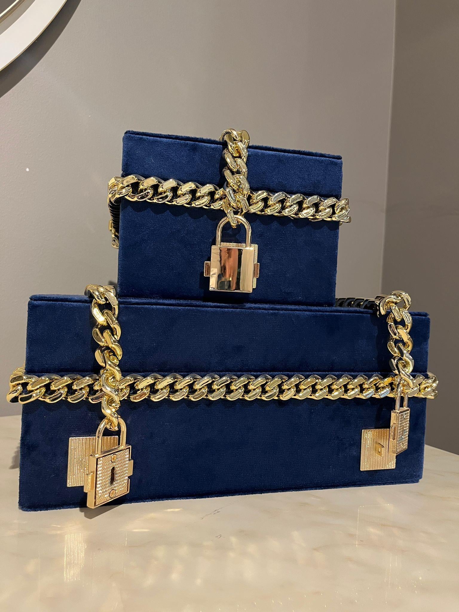 Crearthome Dekoratif 2'li Mavi  Kadife Gold Kilitli Kutu 15-30CM