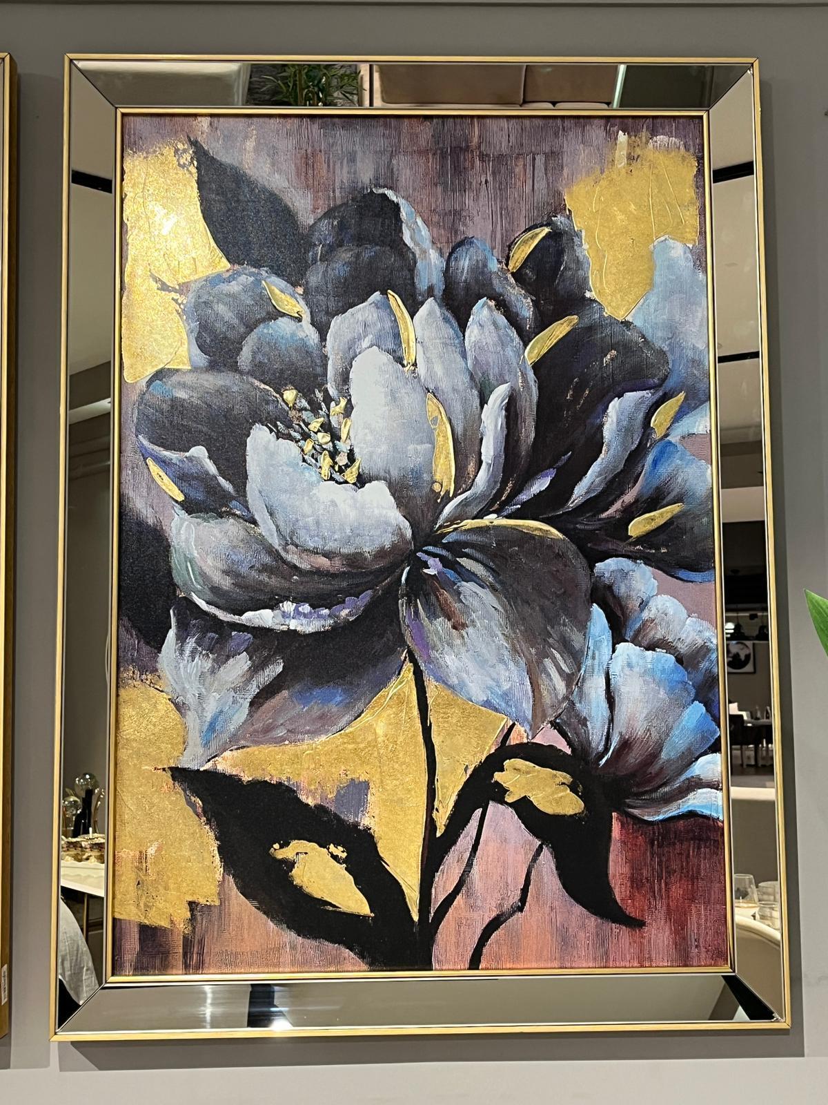 Crearthome Dekoratif Gold Ayna Çerçeveli Mor Çiçek Desenli Tablo 110x81CM