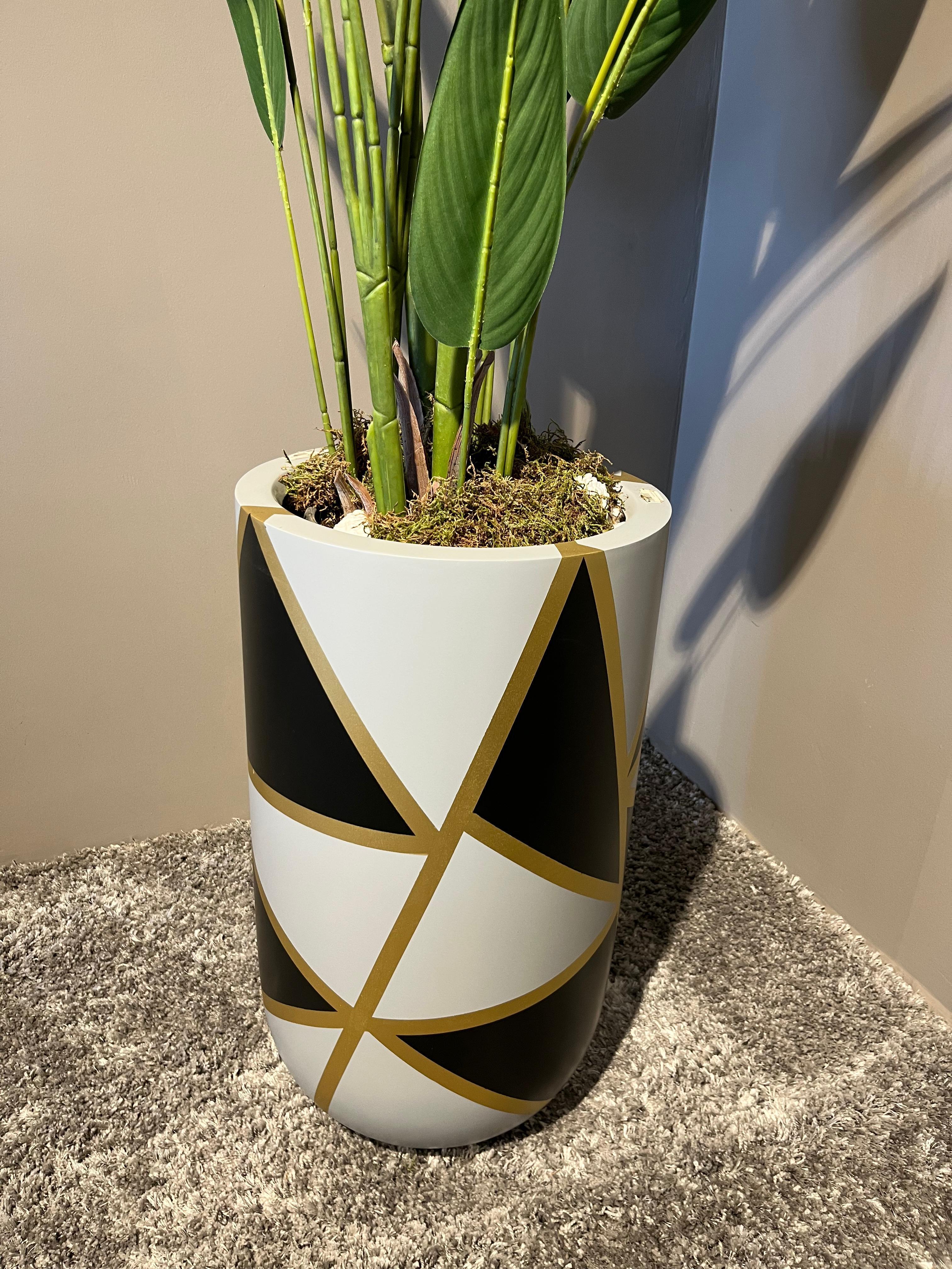 Crearthome Fibel Dekoratif Geometrik Siyah-Gold-Beyaz Saksı 37x63 Cm 