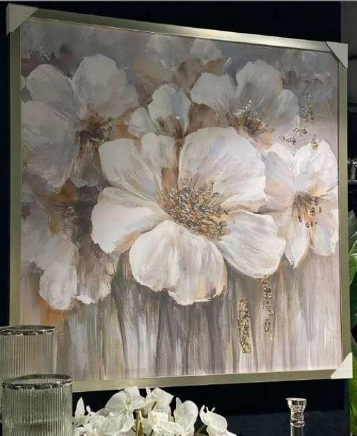 Crearthome Gümüş Çerçeveli Beyaz Çiçekler Dekoratif Tablo 105x105 cm KZY-AB-699G