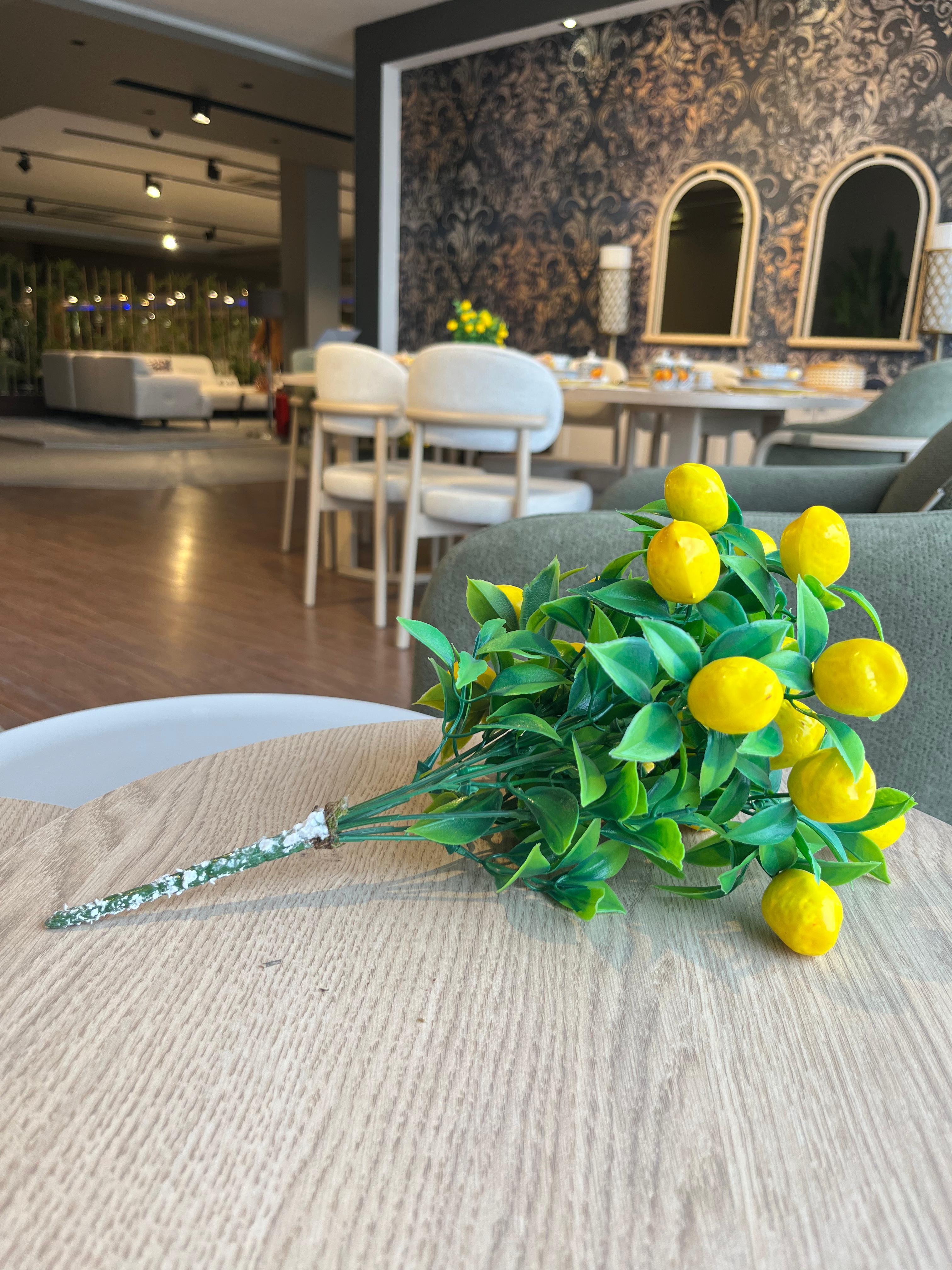 Crearthome Tek Dal Dekoratif Limon Ağacı 33 Cm Yapay Çiçek 