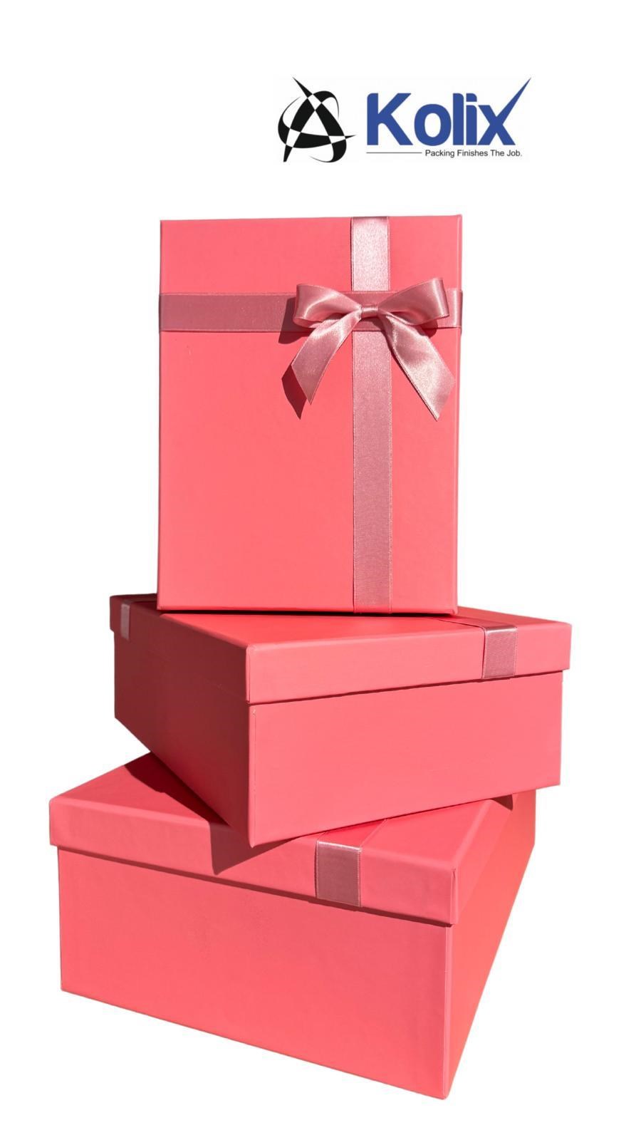 Kolix 3 lü Pembe Fiyonklu Hediyelik Dekoratif Baby Shower Bohça Yeni Yıl Yılbaşı Kutusu 35-25-13 Cm 