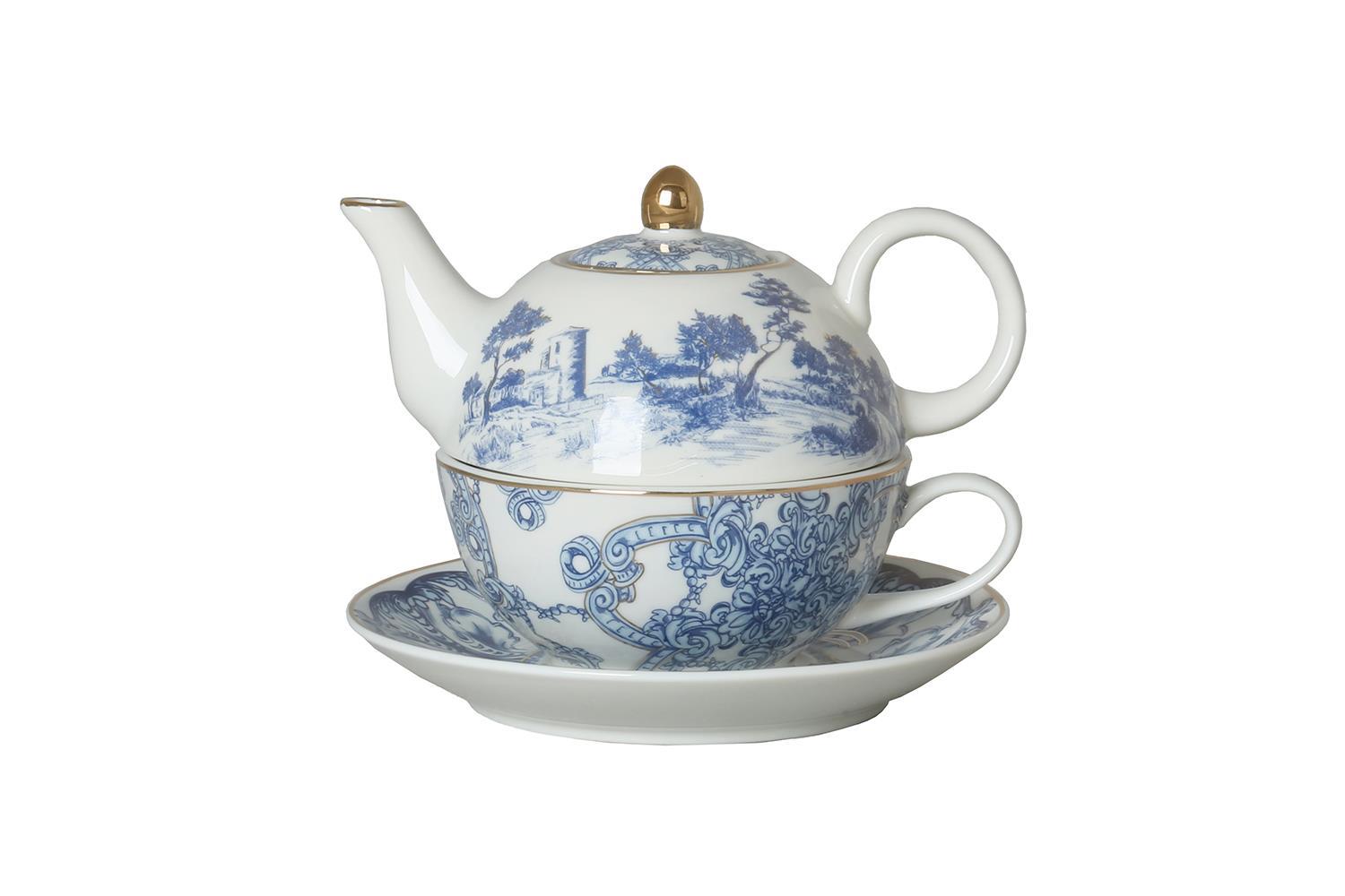 Lucky Art Florance Bone China Porselen Mavi Beyaz Naturel Barok Desenli Demlik-Fincan Seti LYHD 605