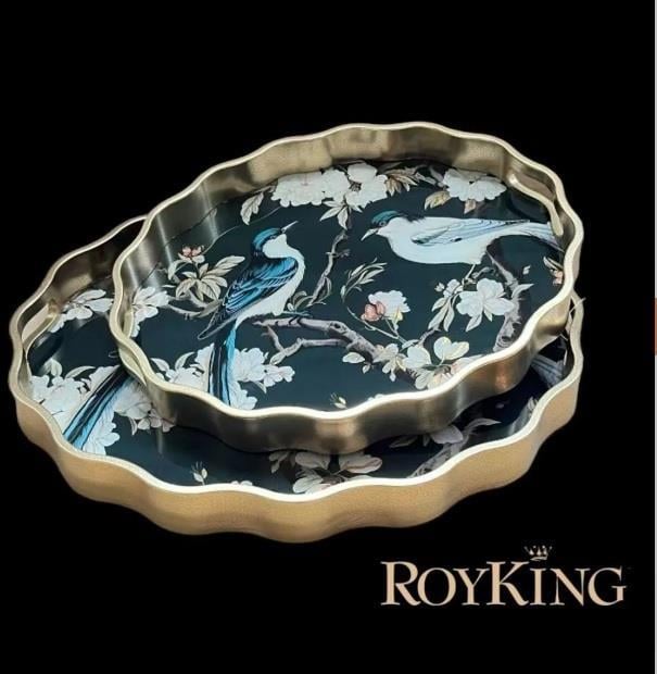 Royking Kuşlu 2 li Oval Tepsi 44x36-38x31 cm FX 054
