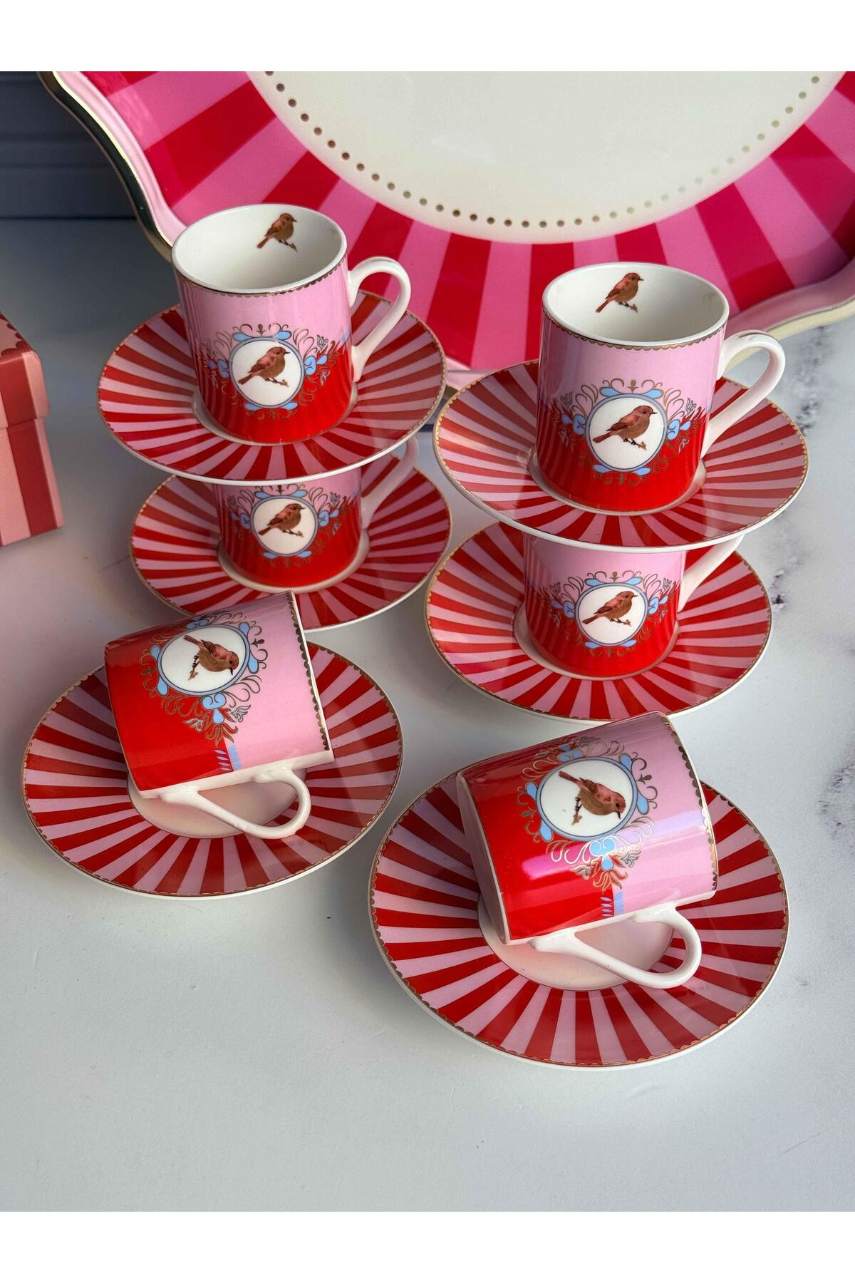 Royking Türk Kahve Fincanı Bird Red&Pink 6 Kişilik 12 Parça Lfd 004