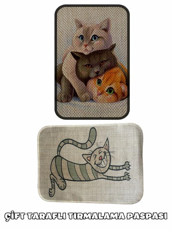 Glipet Çift Taraflı Tırmalama Paspası 90x60 Mutlu Kedi x Three Cat