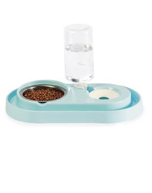 Miapet Çelik Taslı LÜX Hazneli Kedi-Köpek Mama Ve Su Kabı Seti 1000ml Turkuaz