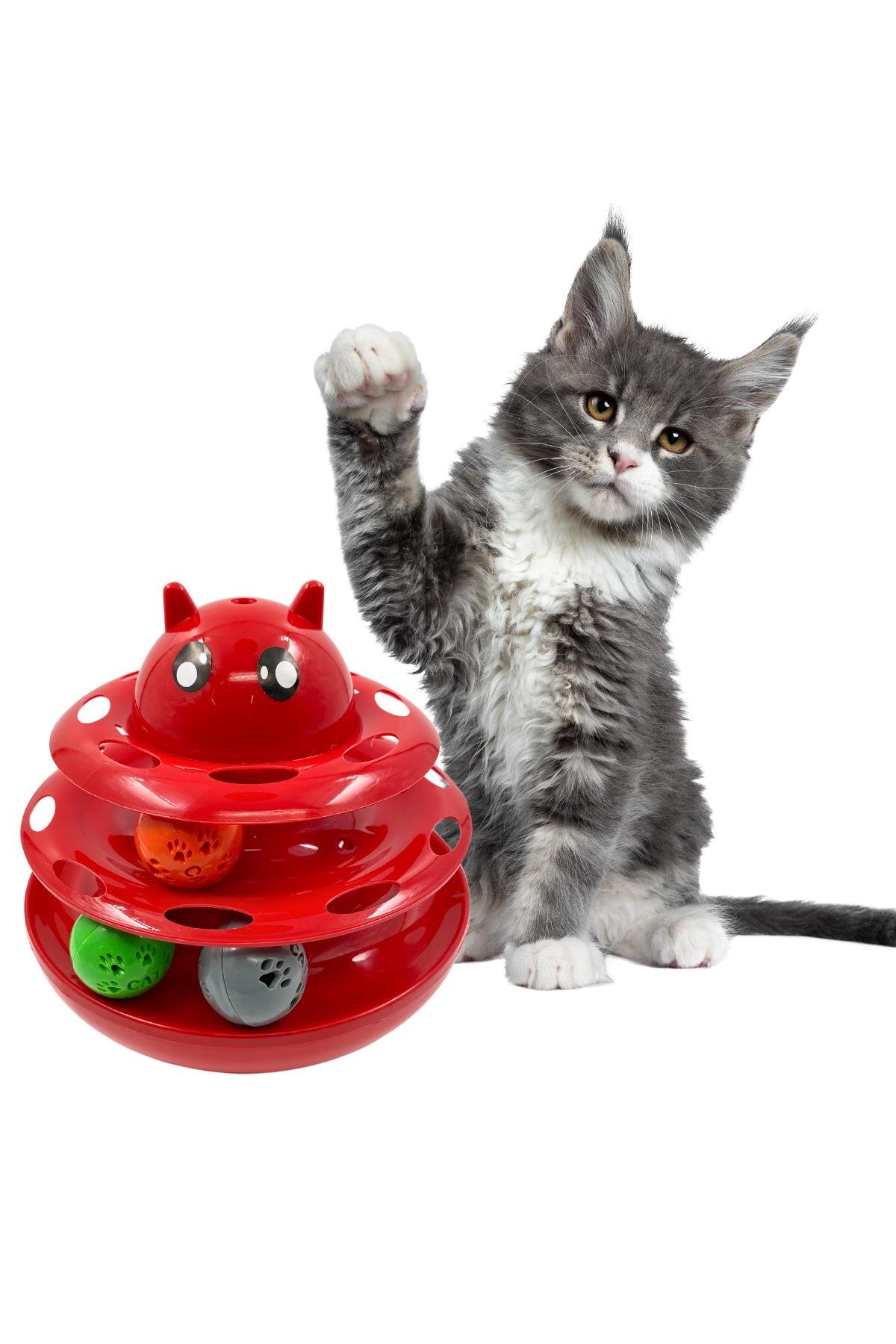 Glipet Kedi 3 Katlı Top Döndürme Oyuncağı Mama Saklamalı İnteraktif Hacıyatmaz Kedi Kulesi