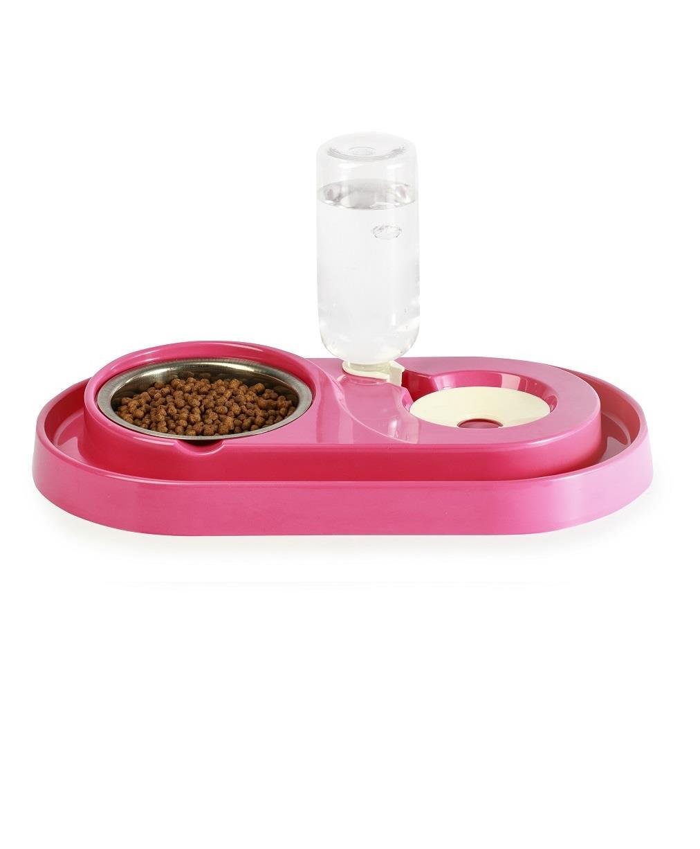 Miapet Çelik Taslı LÜX Hazneli Kedi-Köpek Mama Ve Su Kabı Seti 500ml Fuşya
