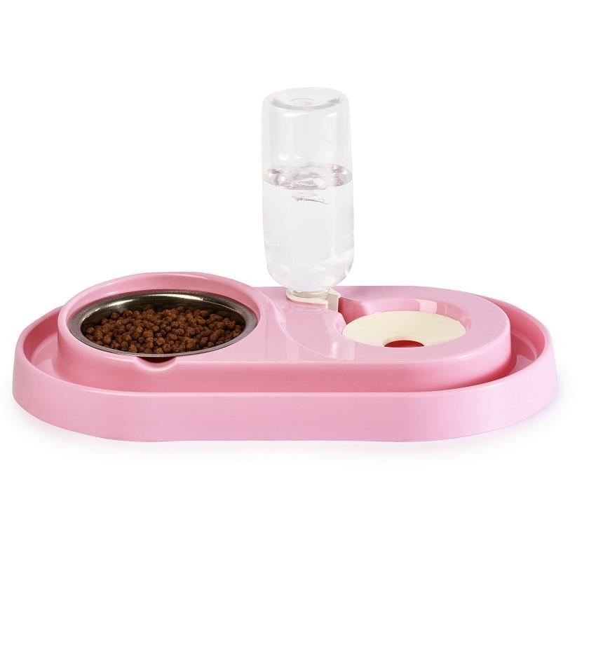 Miapet Çelik Taslı LÜX Hazneli Kedi-Köpek Mama Ve Su Kabı Seti 500ml Pembe
