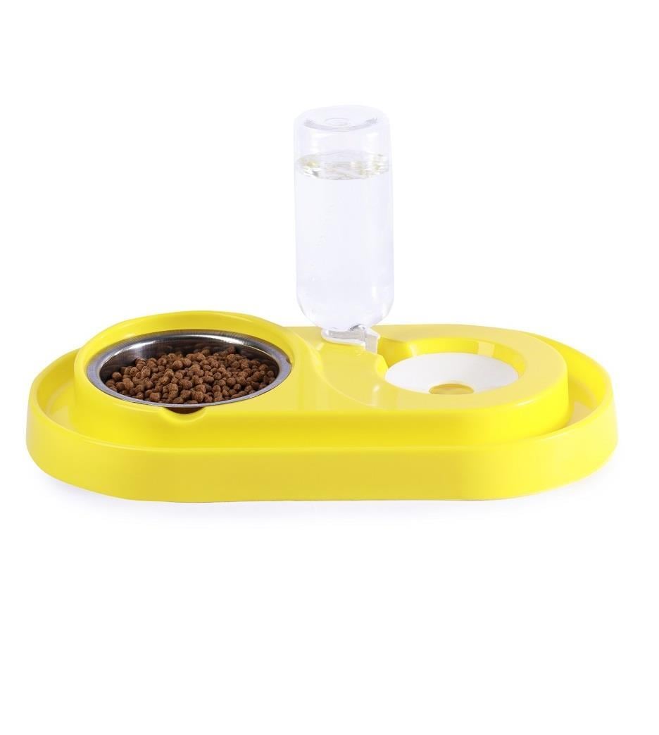 Miapet Çelik Taslı LÜX Hazneli Kedi-Köpek Mama Ve Su Kabı Seti 500ml Sarı