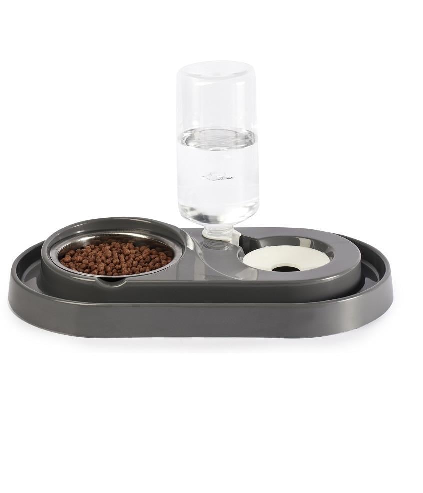 Miapet Çelik Taslı LÜX Hazneli Kedi-Köpek Mama Ve Su Kabı Seti 1000ml Gri