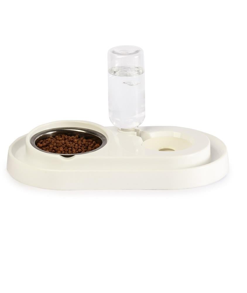 Miapet Çelik Taslı LÜX Hazneli Kedi-Köpek Mama Ve Su Kabı Seti 500ml Beyaz