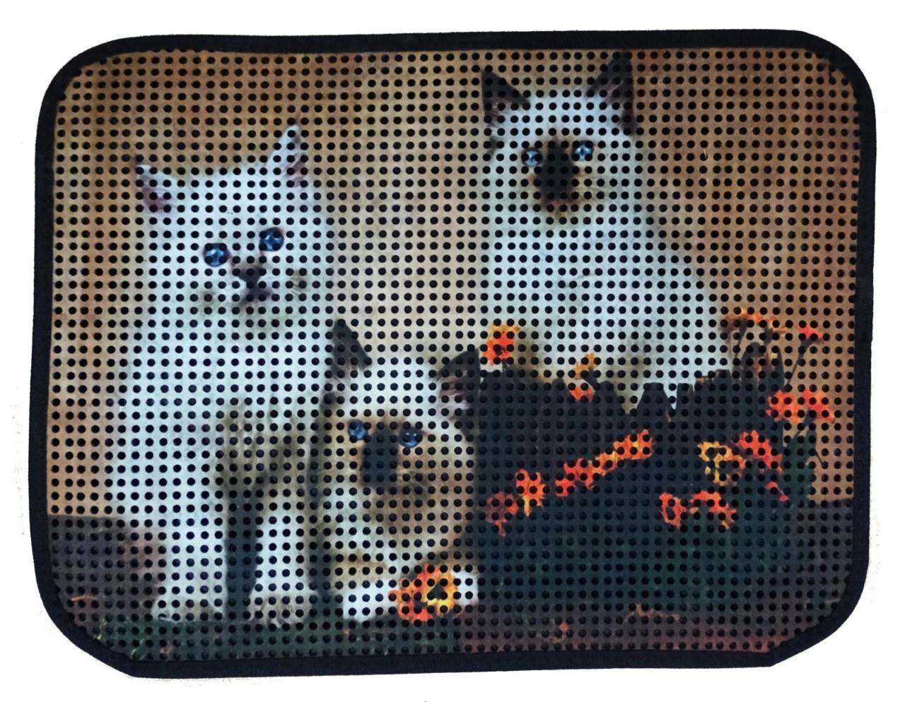 Miapet Elekli Desenli Kedi Tuvalet Önü Paspası 60 x 45 cm Üç Beyaz Kedi