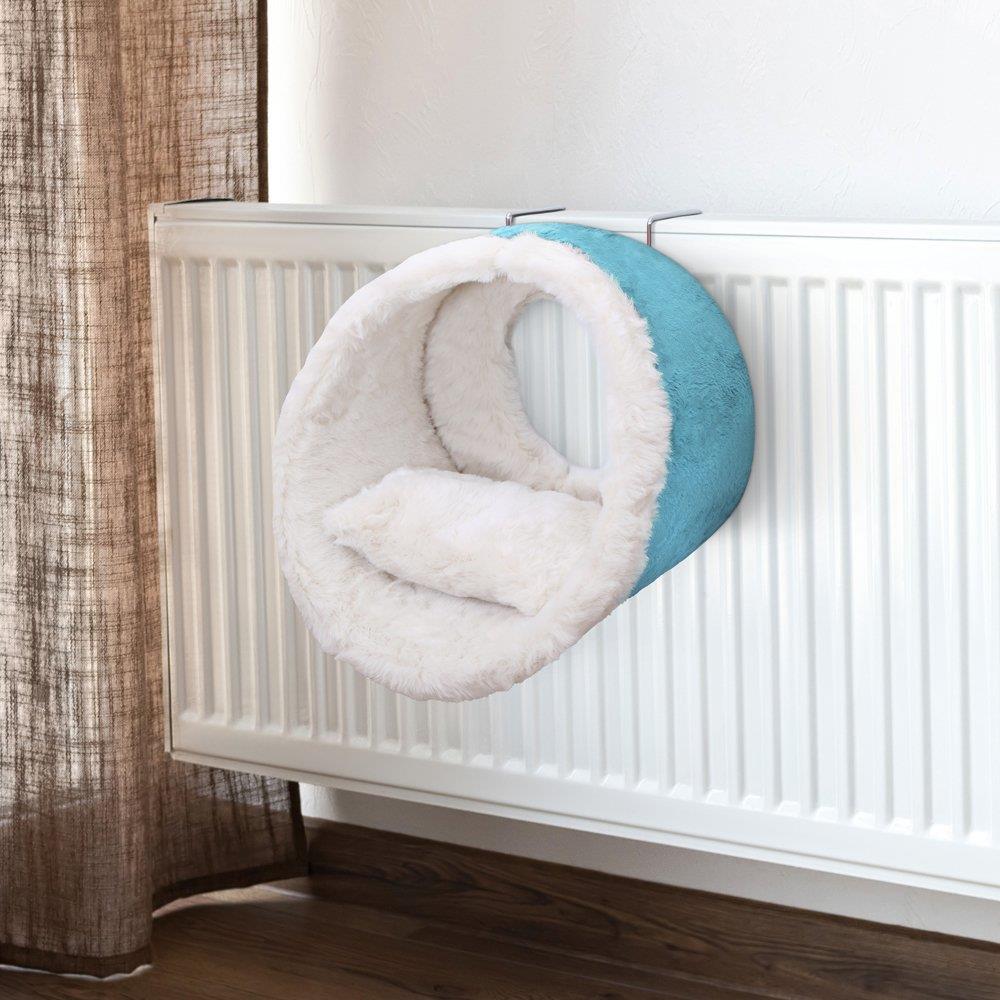 Miapet Kalorifer Üstü Askılı Yastıklı Peluş Kedi Yatağı 42 cm Turkuaz-Beyaz