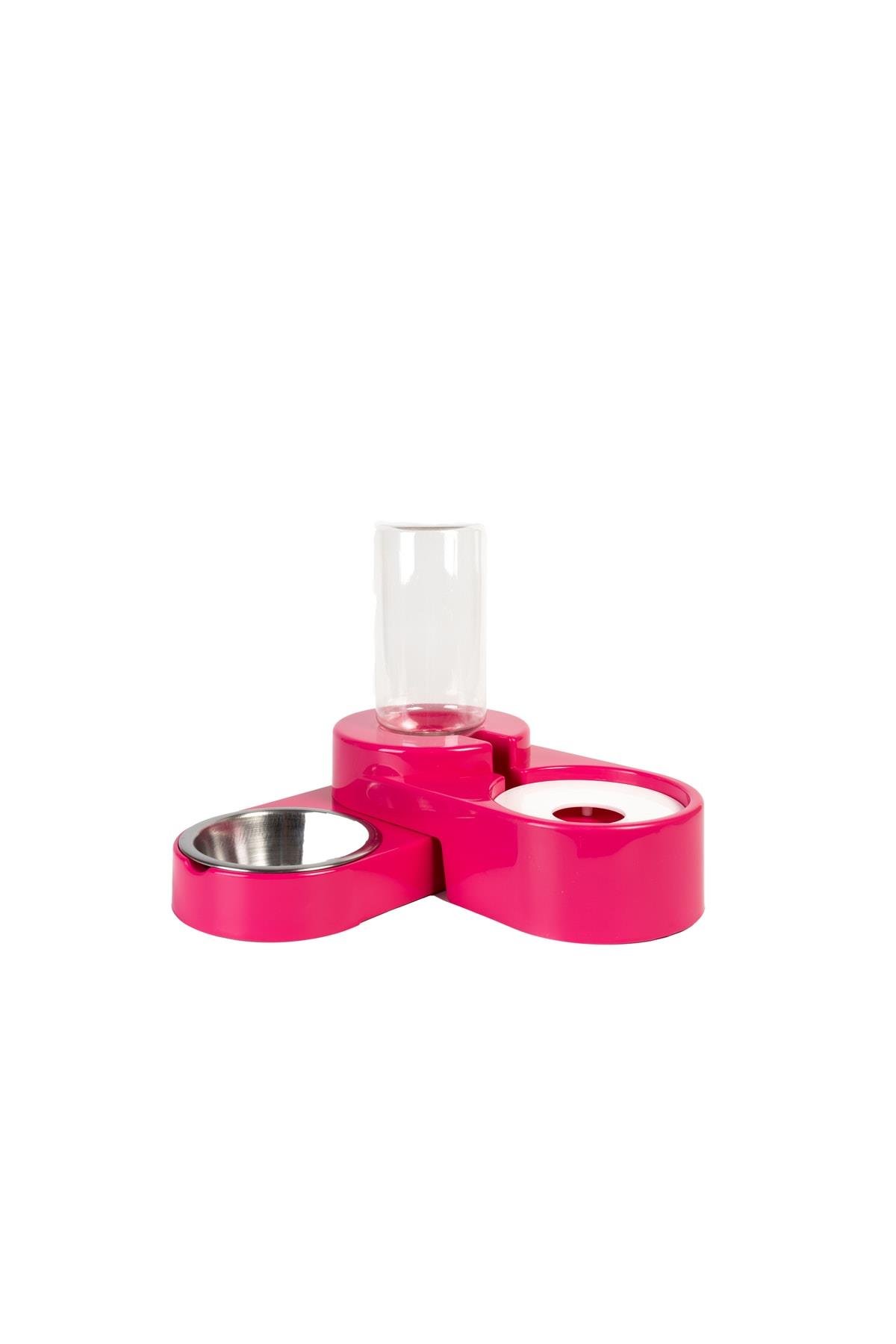 Miapet Köşeli Ayarlanabilir Hazneli Çelik Taslı Kedi-köpek Mama Ve Su Kabı Seti 1000ml Fuşya