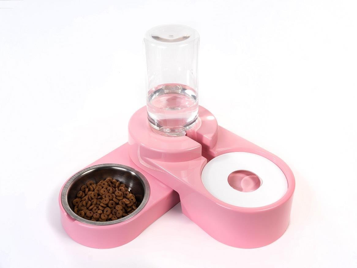 Miapet Köşeli Ayarlanabilir Hazneli Çelik Taslı Kedi-Köpek Mama Ve Su Kabı Seti 1000ml Pembe