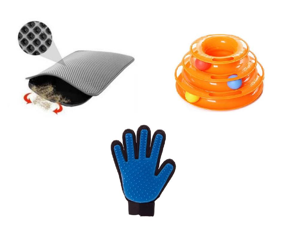 Miapet Tower Of Tracks Kedi Oyuncağı + Tüy Toplama Eldiveni + Elekli Kedi Tuvalet Paspası (Gri)