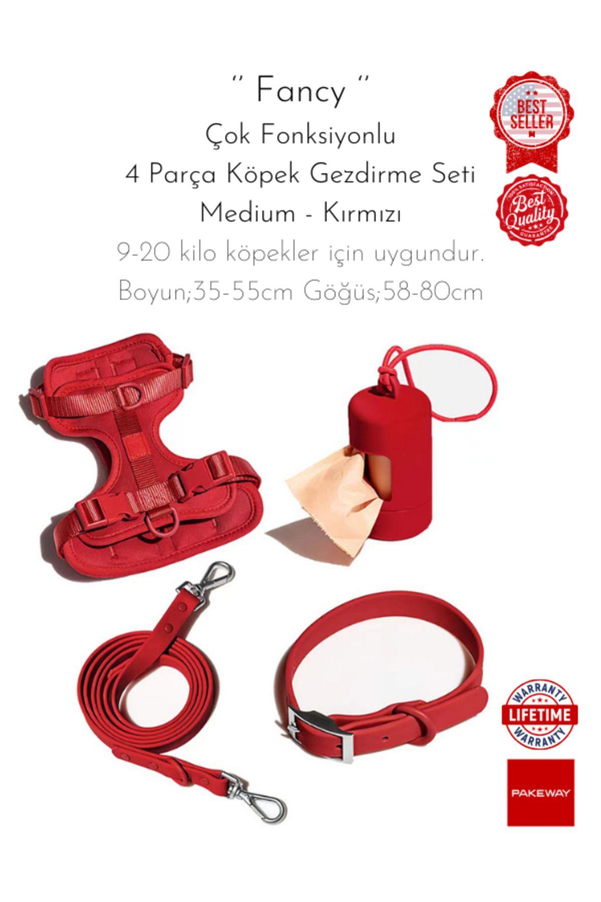 PAKEWAY Fancy  4 Parça Köpek Gezdirme Seti - Medium - Kırmızı