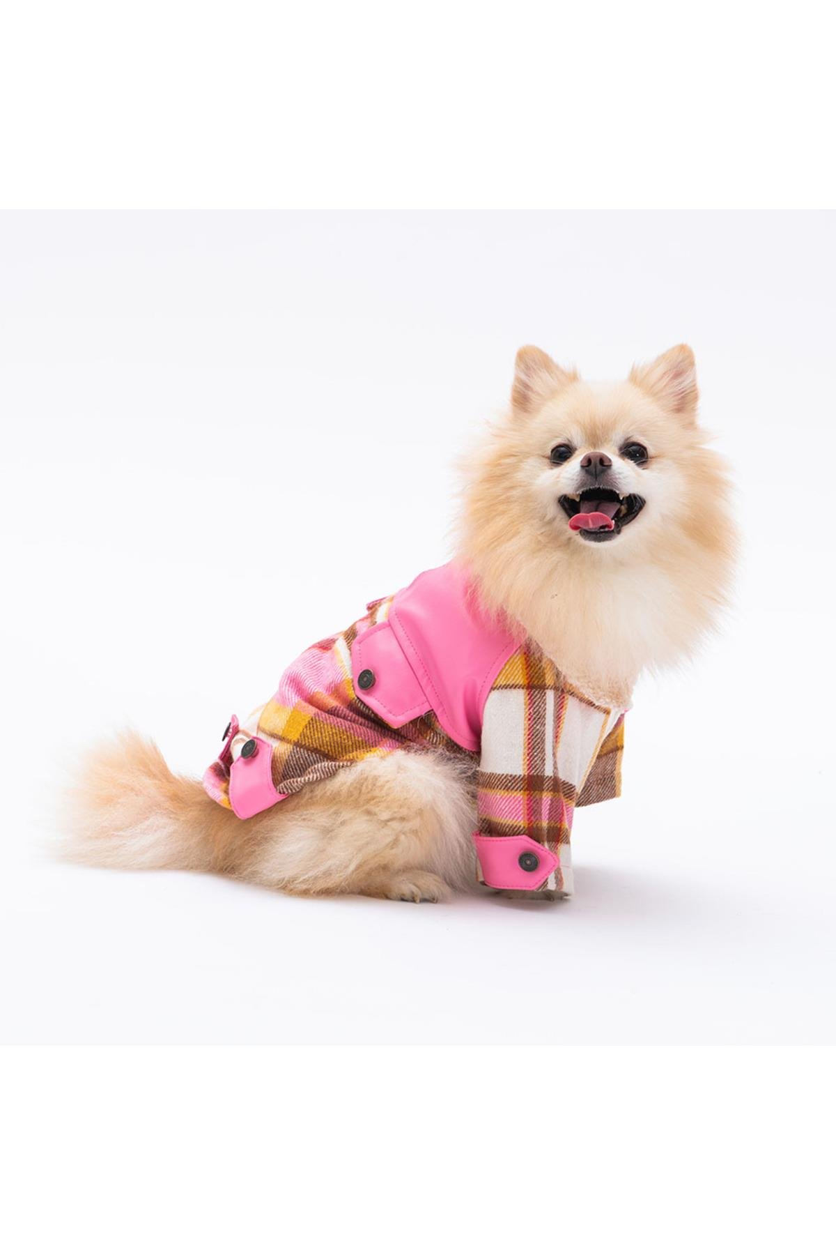 Pawstar Pembe Plaid e Pelle Kedi Köpek Ceketi Kedi Köpek Kıyafeti Kedi Köpek Elbisesi - XL
