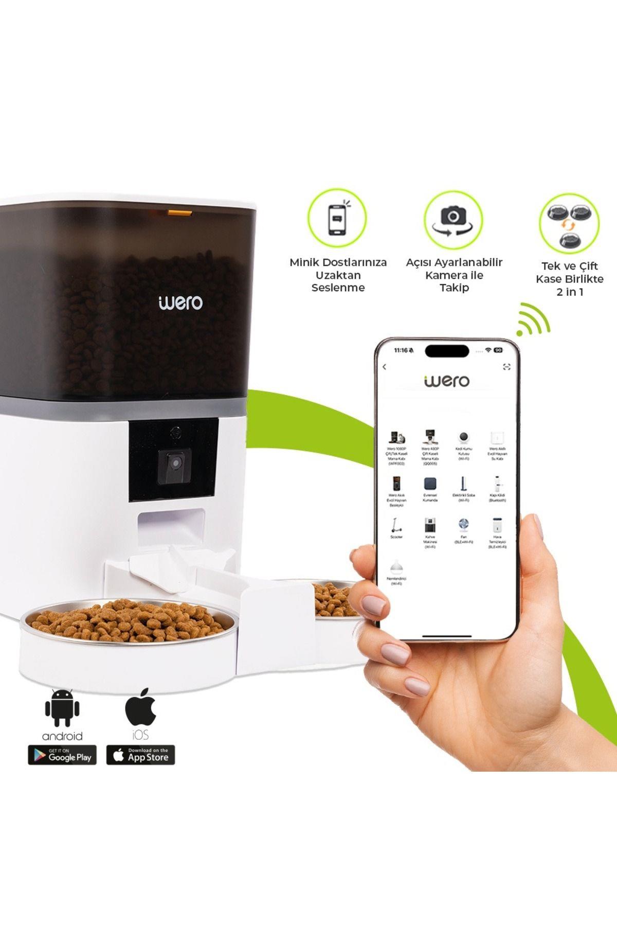 Wero 1080p Çift/tek Kaseli Mama Kabı, Ayarlanabilir Kamera, 6 Lt, Wifi Kontrol Kedi / Köpek Besleyici