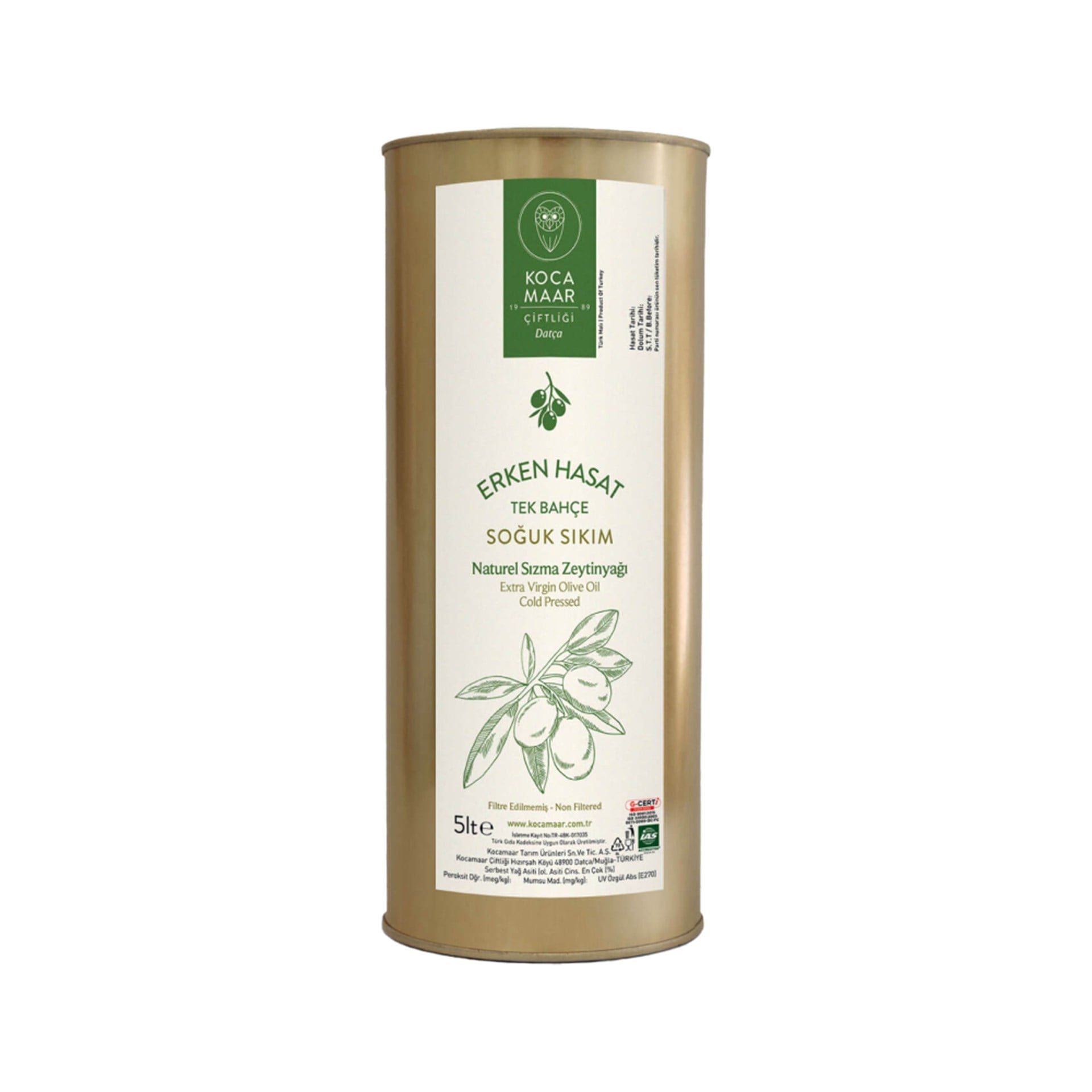 Erken Hasat Soğuk Sıkım Naturel Sızma Zeytinyağı Tek Bahçe 5lt