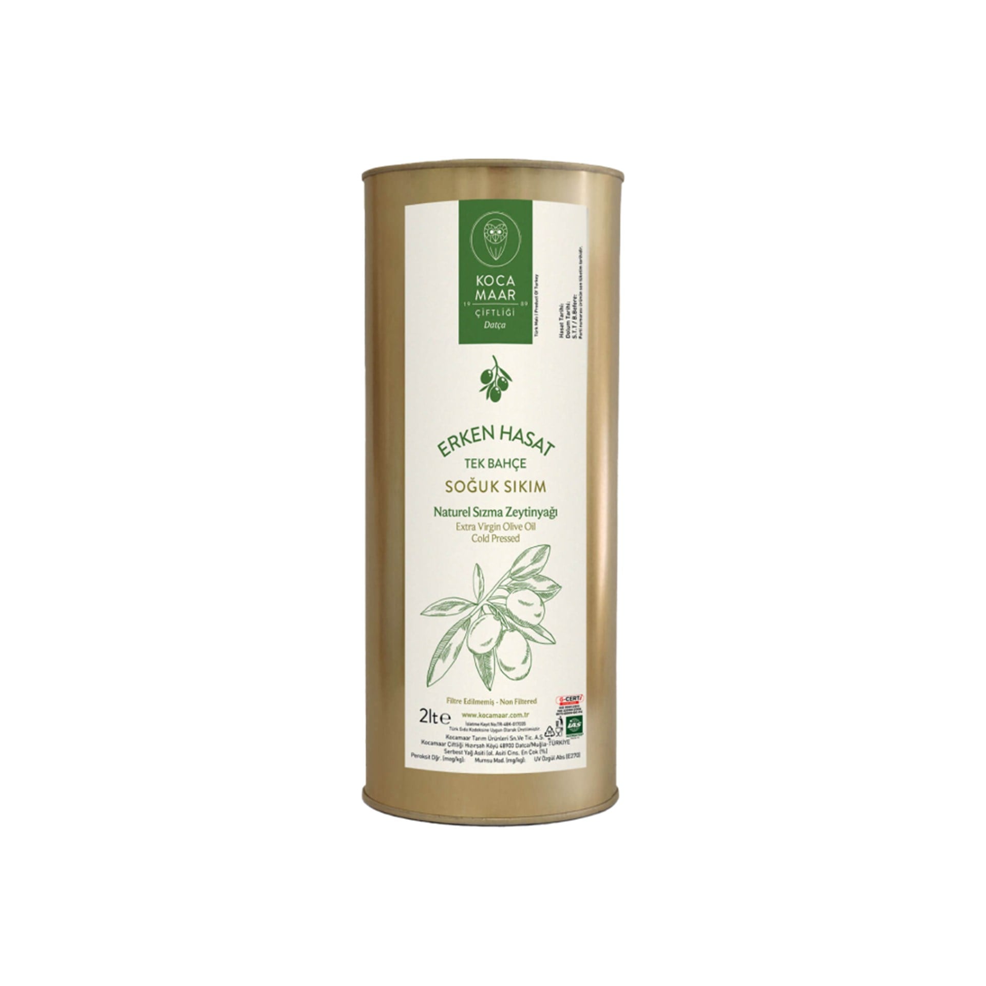 Erken Hasat Soğuk Sıkım Naturel Sızma Zeytinyağı Tek Bahçe 2lt