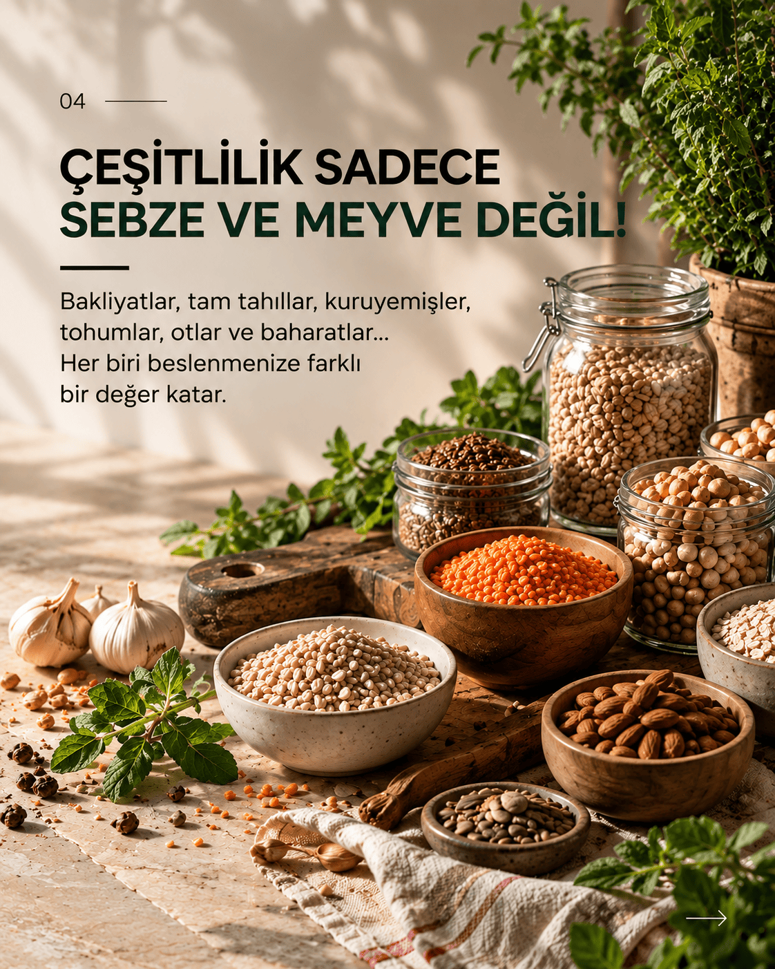 Çeşitlilik sadece sebze ve meyve değil: Bakliyatlar, tahıllar, kuruyemişler, tohumlar, otlar ve baharatlar.
