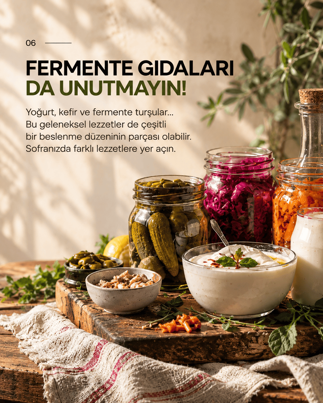 Fermente gıdaları da unutmayın: Yoğurt, kefir ve fermente turşular çeşitli bir sofranın parçası olabilir.