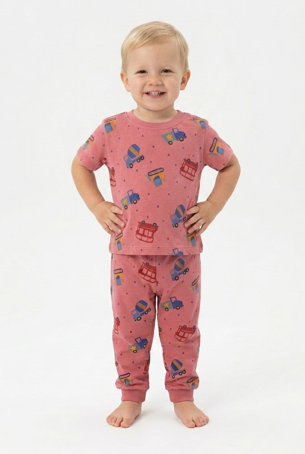 Erkek Bebek Araba Desenli  %100 Pamuk Reaktif Boyalı Süprem Kumaş Kısa Kollu Pijama Takımı