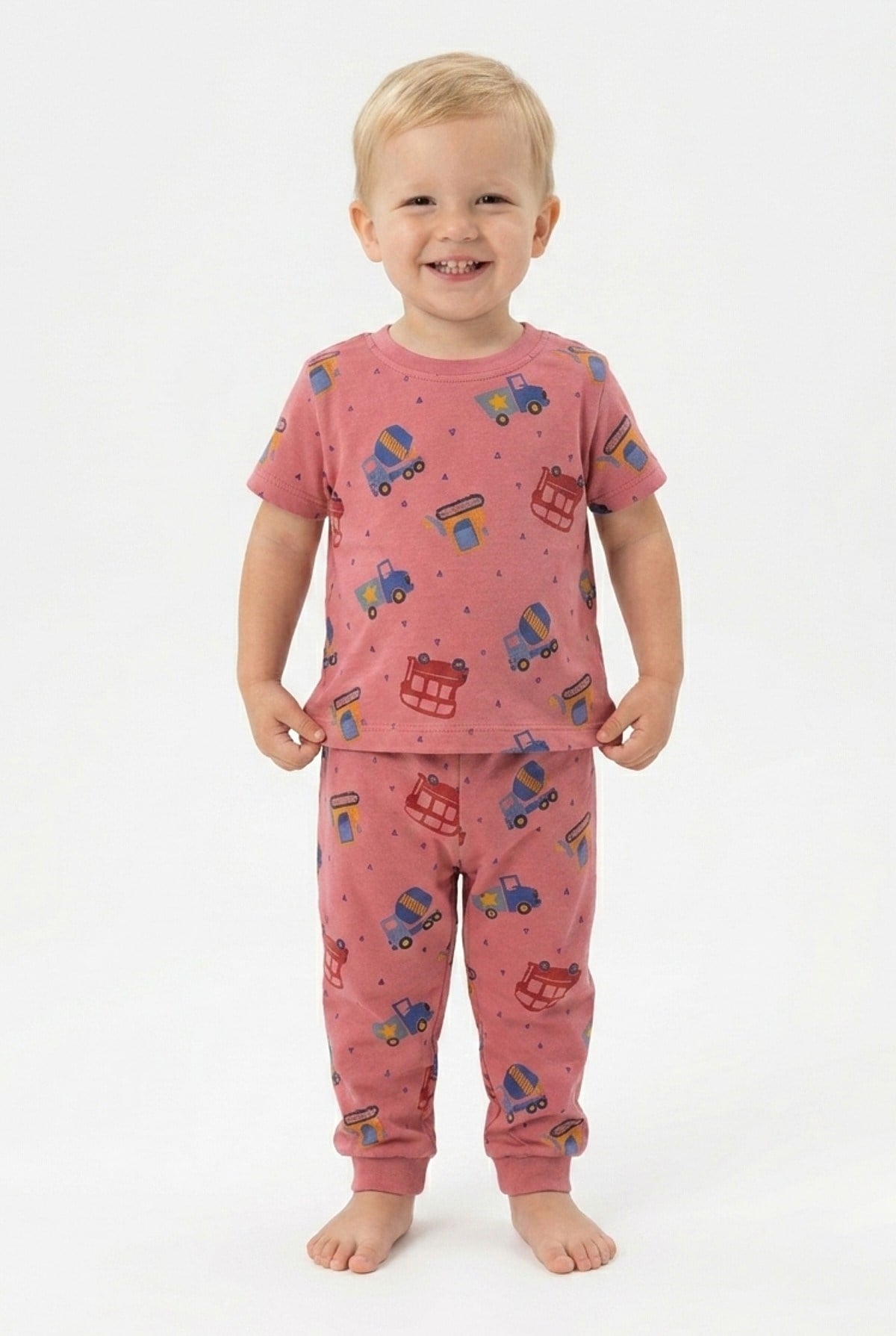 Erkek Bebek Araba Desenli  %100 Pamuk Reaktif Boyalı Süprem Kumaş Kısa Kollu Pijama Takımı