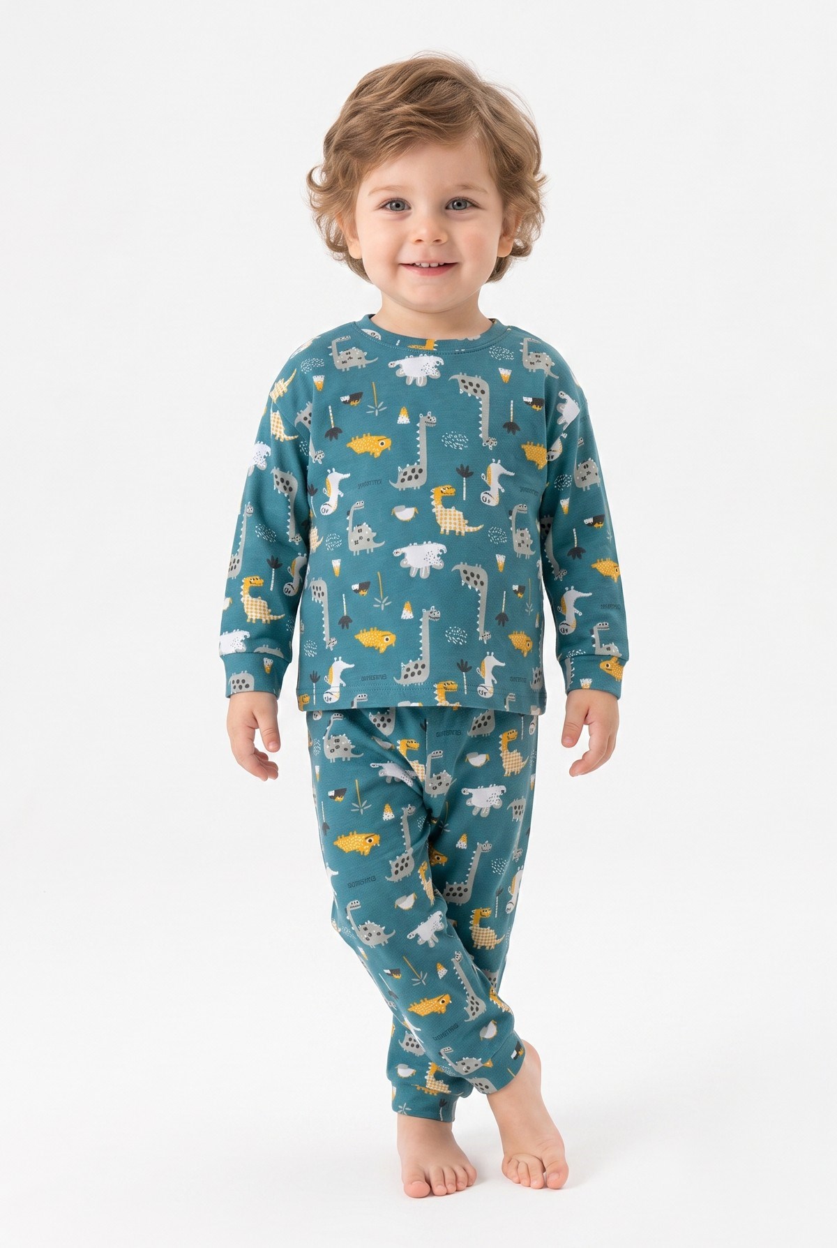 Erkek Bebek Dinozor Desenli %100 Pamuk Reaktif Boyama İnterlok Kumaşş Uzun Kollu Pijama Takımı